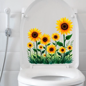 Self-adhesive sunflower toilet lid sticker with vibrant yellow petals and green leaves