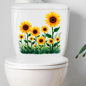 Macro view of sunflower waterproof stickers applied to a white ceramic toilet tank surface