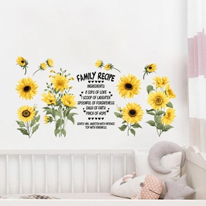 Waterproof sunflower wall stickers with Family Recipe text for home bedroom decor