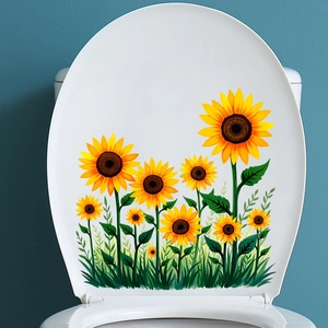 Detail of waterproof sunflower toilet sticker with vibrant yellow flowers on white surface