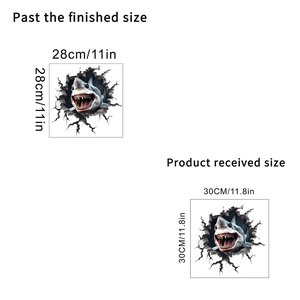 Detailed view of 3D shark wall sticker dimensions showing applied and received sizes