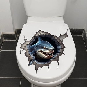 3D shark wall sticker for toilet seat with realistic broken wall effect and blue colors