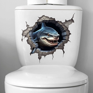 3D shark wall sticker for bathroom decor showing shark breaking through a toilet tank surface
