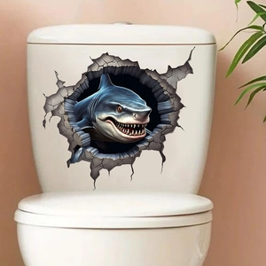 Detailed 3D wall sticker featuring a shark breaking through a stone wall for bathroom decor