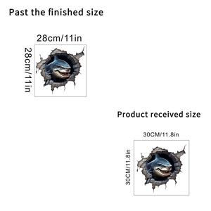 Detailed dimension chart showing 3D shark wall decal sizes in centimeters and inches