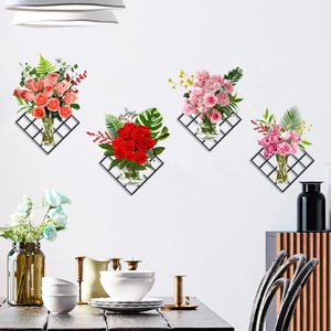 3D grid wall decor set with 3D roses and glass vases for modern home interior styling