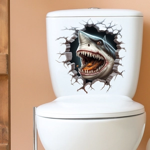 Detailed close-up of 3D waterproof shark wall sticker on a modern white toilet tank