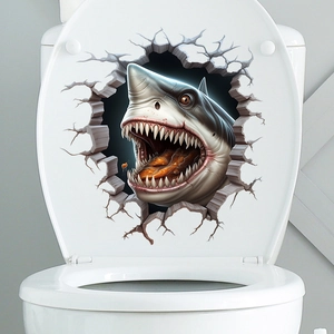 3D shark wall sticker detail showing high definition shark teeth on a white toilet lid