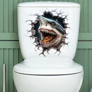 Macro view of a 3D wall sticker with a realistic shark breaking through a white toilet lid