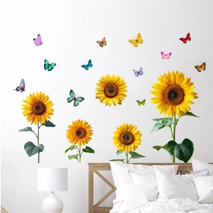 Vibrant sunflower and butterfly wall decals set for creative bedroom wall decoration