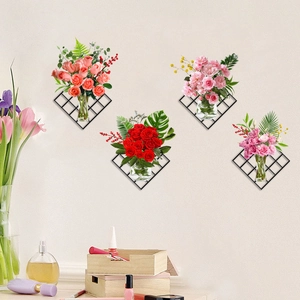 3D diamond metal grid wall stickers with glass cone vases for home decoration