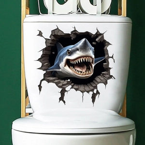 Detail of 3D shark wall sticker showing waterproof material on a toilet tank surface