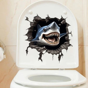 Detailed view of 3D creative shark wall sticker with cracked effect on white toilet cover