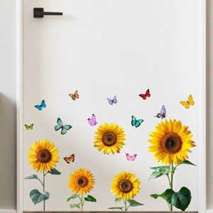 Detailed wall sticker set featuring vivid sunflowers and colorful butterflies on white door