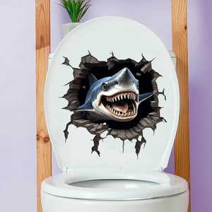Detailed macro view of 3D cracked wall shark sticker on a purple bathroom wall surface