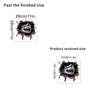 3D shark wall sticker dimensions guide showing product size and visual application on wall