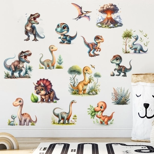Cute dinosaur wall stickers for kids room featuring T-Rex and volcanic nature elements