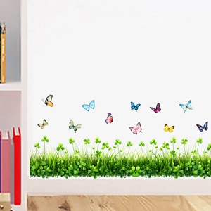 Stickers muraux papillons colorés et pelouse de trèfles pour décoration intérieure