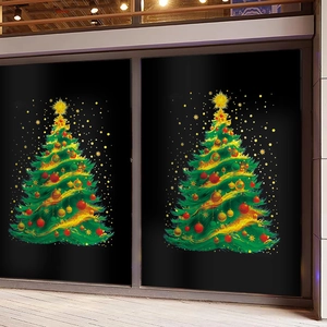 Double-sided static Christmas tree window stickers with gold ribbons and ornaments