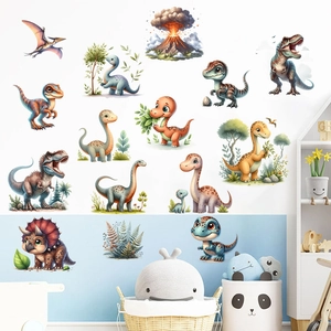 Detail view of cute cartoon dinosaur wall stickers set for children's bedroom decor