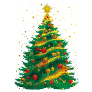 Christmas tree window sticker with golden ribbons red ornaments and top star on white