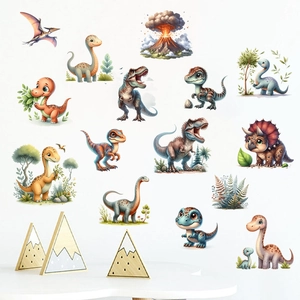 Cartoon dinosaur wall stickers with volcano and trees for kids bedroom decoration