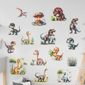 Cute cartoon dinosaur wall stickers featuring T-Rex and volcano for nursery room decor