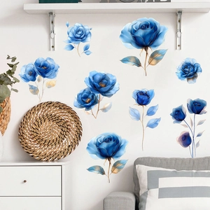Blue rose wall stickers with gold edges for modern living room home wall decoration