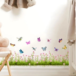 Vibrant butterfly and flower grass wall stickers for home living room decor