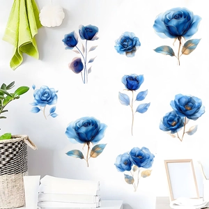 Luxury Blue Rose Flower Wall Sticker Waterproof PVC Decal With Gold Outline For Living Room Bedroom Home Decor Art Mural