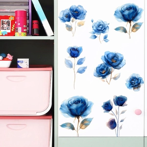 Watercolour blue rose wall decals with gold edges for home decor and furniture