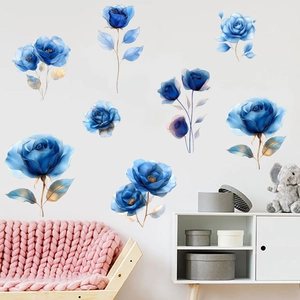 Blue rose wall stickers with gold edges for living room and bedroom home decoration