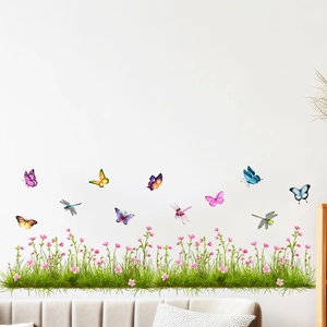 Self-adhesive wall sticker featuring grass, pink flowers, colorful butterflies and dragonflies