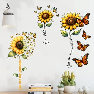 Vibrant sunflower wall decal set with flying butterflies and inspirational faith quotes