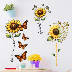 Vibrant sunflower and butterfly wall decals with 'You are my sunshine' inspirational quotes