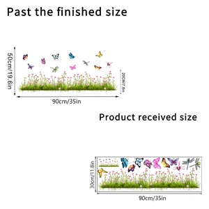 Floral wall sticker with butterflies and grass, showing 90x50cm layout dimensions