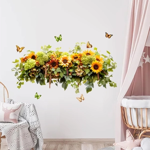 Selbstklebende Sonnenblumen Wandtattoo mit grünen Blättern und bunten Schmetterlingen