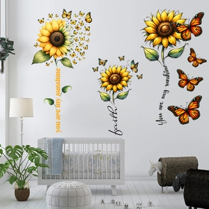 Detail of sunflower and butterfly wall decals with You Are My Sunshine quote