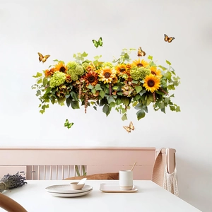 Wasserdichter PVC Wandaufkleber Sonnenblume Schmetterling Selbstklebend Botanisches Grünes Blatt Dekor Für Wohnzimmer Heimdekoration