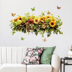 Selbstklebender Wandtattoo Sonnenblume mit Schmetterlingen und Blättern fürs Wohnzimmer