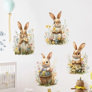 Stickers Muraux Lapin à l'Aquarelle et Panier de Fleurs Imperméables en PVC pour Chambre d'Enfant Salon Décoration Maison