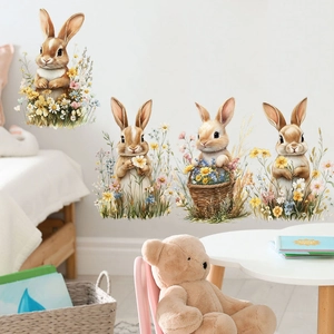Stickers muraux lapins de dessin animé avec paniers de fleurs pour décor de chambre