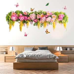 Peony and butterfly self-adhesive wall stickers for modern bedroom decor, floral art