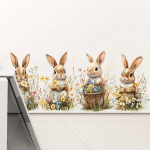 Sticker mural autocollant avec lapins mignons et fleurs sauvages colorées aquarelle