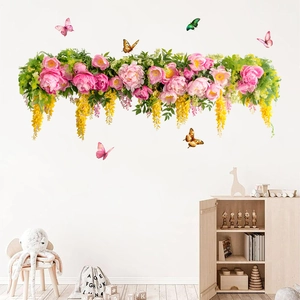 Peony and butterfly wall decals with vibrant pink flowers for living room decor