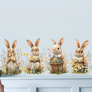 Détail de quatre ensembles d'autocollants muraux aquarelle avec lapins et fleurs des champs