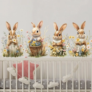 Stickers muraux lapin et fleurs autocollants détaillés pour chambre d'enfant