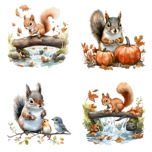 Cute watercolor squirrel wall stickers with autumn leaves and pumpkins for home decor