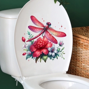 Close-up of waterproof 3D red dragonfly and peony flower sticker on a white toilet lid