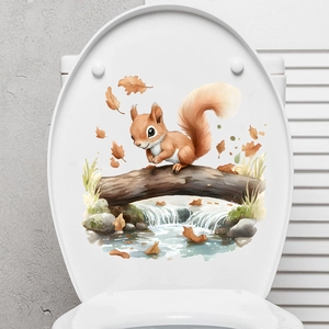 Waterproof squirrel wall sticker applied on a white toilet lid in a cozy bathroom